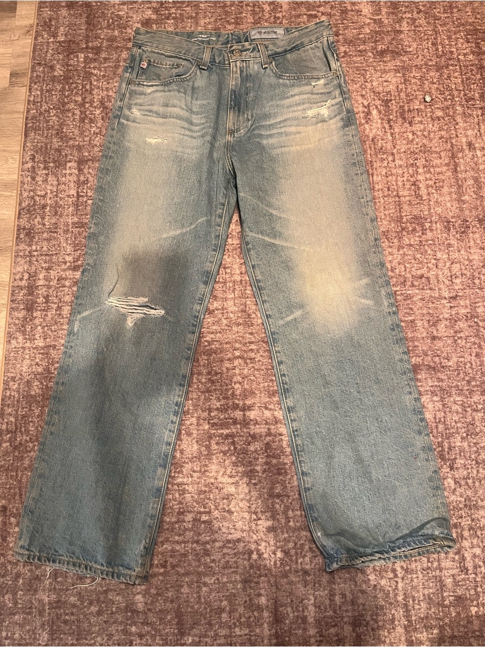 AG Distressed Light Blue Straight-Leg Jeans